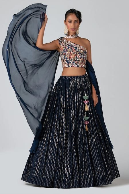 suruchi parakh Blue Crepe And Embroidery Floral One Sequin & Pleated Lehenga Set