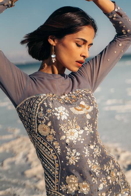 Shop Sahil Kochhar Blue Organa Embroidered Floral Patterns Round Surai Dress at Aza Fashions Shop_Sahil Kochhar_Blue Organa Embroidered Floral Patterns Round Surai Dress _at_Aza_Fashions