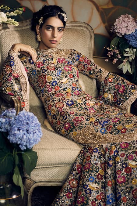 Shop_Sahil Kochhar_Multi Color Soft Net Embroidery Floral High Neck Bagh Gown  _at_Aza_Fashions