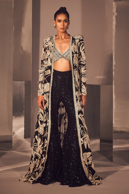 Buy_Ritika Mirchandani_Black Net, Georgette, Crepe Embroidery, Seda Floral Long Jacket And Sharara Set _Online_at_Aza_Fashions