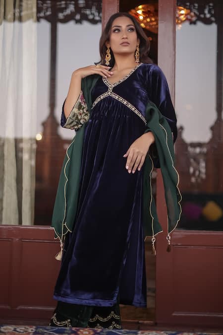 Negra Elegante Blue Silk Velvet, Dupatta Organza Pearl, Embroidered Anarkali Palazzo Set