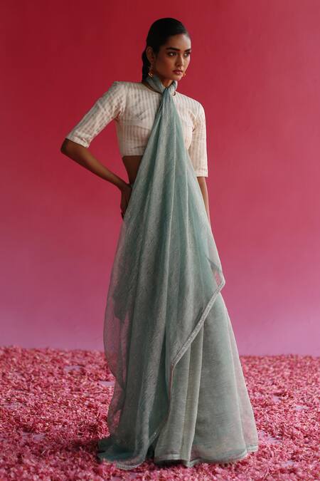 Taisha White Kota Doria, Silk Round Neck Sharad Kadwa Blouse Online at Aza Fashions Taisha_White Kota Doria, Silk Round Neck Sharad Kadwa Blouse _Online_at_Aza_Fashions