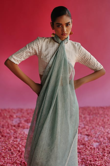 Buy Taisha White Kota Doria, Silk Round Neck Sharad Kadwa Blouse Online at Aza Fashions Buy_Taisha_White Kota Doria, Silk Round Neck Sharad Kadwa Blouse _Online_at_Aza_Fashions