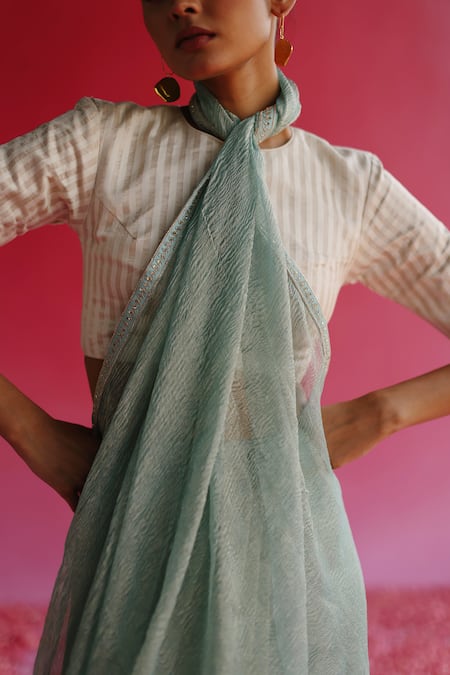 Shop Taisha White Kota Doria, Silk Round Neck Sharad Kadwa Blouse Online at Aza Fashions Shop_Taisha_White Kota Doria, Silk Round Neck Sharad Kadwa Blouse _Online_at_Aza_Fashions