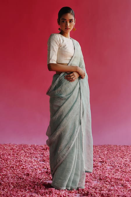 Buy Taisha White Kota Doria, Silk Round Neck Sharad Kadwa Blouse Buy_Taisha_White Kota Doria, Silk Round Neck Sharad Kadwa Blouse