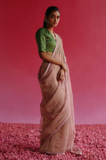 Taisha_Green Silk, Tissue V-neck Sharad Woven Zari Blouse _Online_at_Aza_Fashions