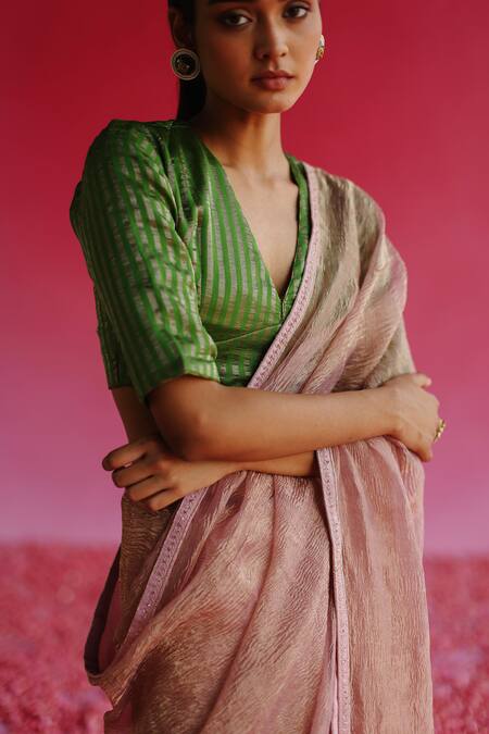 Buy_Taisha_Green Silk, Tissue V-neck Sharad Woven Zari Blouse _Online_at_Aza_Fashions