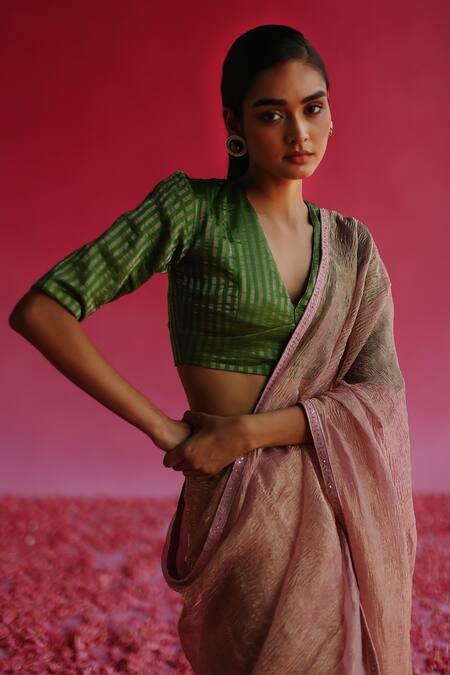 Shop_Taisha_Green Silk, Tissue V-neck Sharad Woven Zari Blouse _Online_at_Aza_Fashions