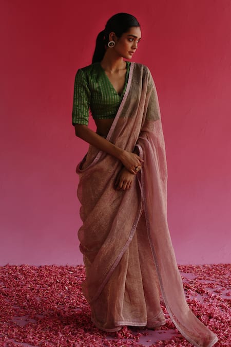 Taisha_Green Silk, Tissue V-neck Sharad Woven Zari Blouse _at_Aza_Fashions