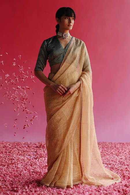 Taisha_Green Kota Doria, Silk Embroidery V-neck Kadhwa Woven Blouse _Online_at_Aza_Fashions