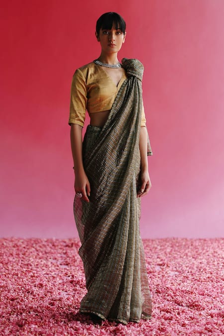 Taisha_Gold Silk V-neck Aago Woven Zari Blouse _Online_at_Aza_Fashions