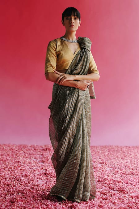 Buy_Taisha_Gold Silk V-neck Aago Woven Zari Blouse _Online_at_Aza_Fashions