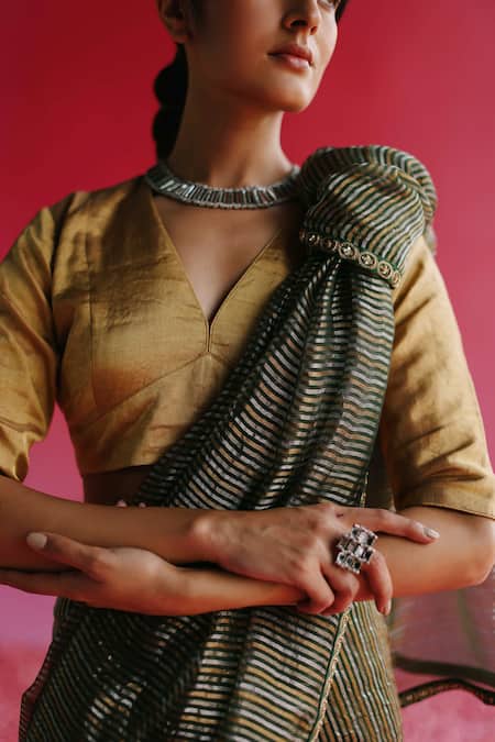 Taisha_Gold Silk V-neck Aago Woven Zari Blouse _at_Aza_Fashions