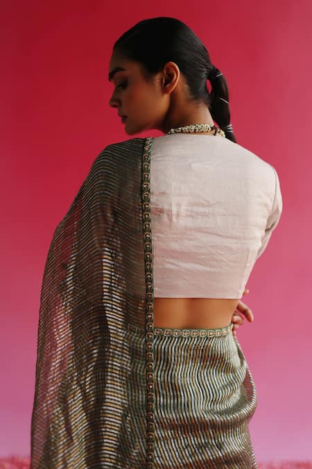 Taisha_Silver Silk V-neck Solid Zari Blouse _Online_at_Aza_Fashions