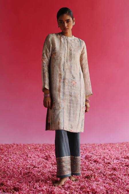 Buy_Taisha_Cream Linen, Silk, Cotton Embroidery, Bhuman Floral Pattern Kurta With Pant _Online_at_Aza_Fashions
