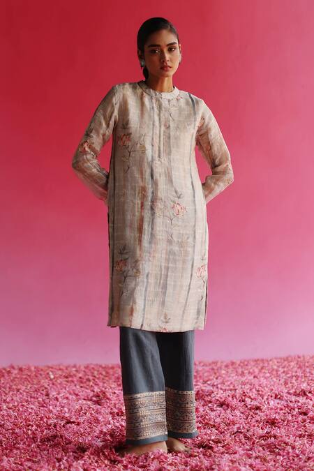 Shop_Taisha_Cream Linen, Silk, Cotton Embroidery, Bhuman Floral Pattern Kurta With Pant _Online_at_Aza_Fashions