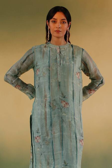Shop Taisha Green Linen, Cotton Embroidery, Sequins Silk Floral Pattern Kurta With Pant Online at Aza Fashions Shop_Taisha_Green Linen, Cotton Embroidery, Sequins Silk Floral Pattern Kurta With Pant _Online_at_Aza_Fashions