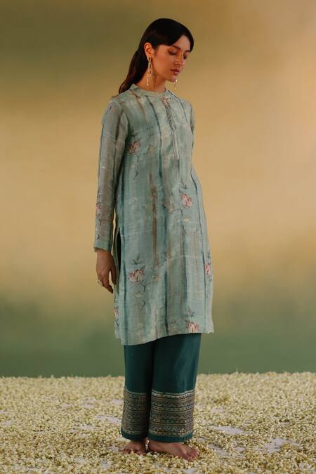 Buy Taisha Green Linen, Cotton Embroidery, Sequins Silk Floral Pattern Kurta With Pant Buy_Taisha_Green Linen, Cotton Embroidery, Sequins Silk Floral Pattern Kurta With Pant