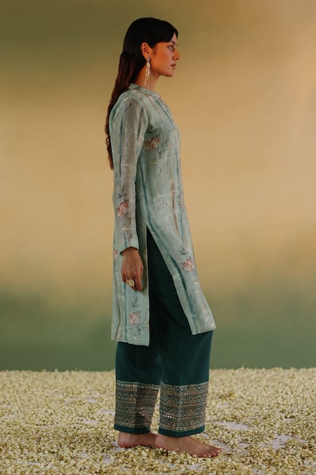 Buy Taisha Green Linen, Cotton Embroidery, Sequins Silk Floral Pattern Kurta With Pant Online at Aza Fashions Buy_Taisha_Green Linen, Cotton Embroidery, Sequins Silk Floral Pattern Kurta With Pant _Online_at_Aza_Fashions