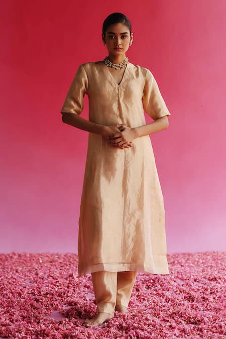 Pink Tissue Kurta with Embroidered Velvet Yoke, Printed Pants & Dupatt –  Pooja Singhal India