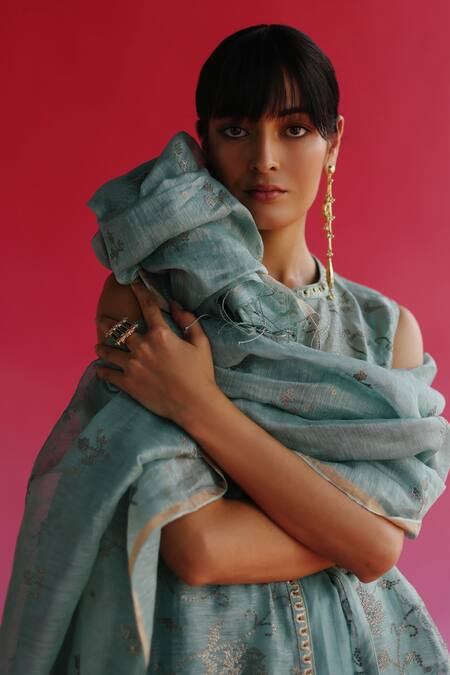 Taisha_Blue Handloom Cotton Sequins, Embroidery Pushti Floral Dupatta _Online_at_Aza_Fashions