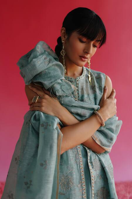 Shop_Taisha_Blue Handloom Cotton Sequins, Embroidery Pushti Floral Dupatta _Online_at_Aza_Fashions