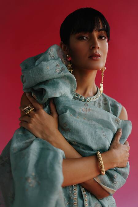 Taisha_Blue Handloom Cotton Sequins, Embroidery Pushti Floral Dupatta _at_Aza_Fashions