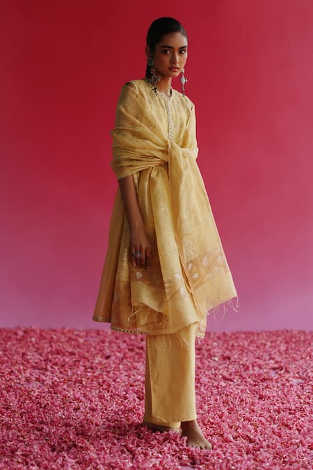 Shop_Taisha_Yellow Handloom Cotton Embroidery Sequin Floral Dupatta _at_Aza_Fashions