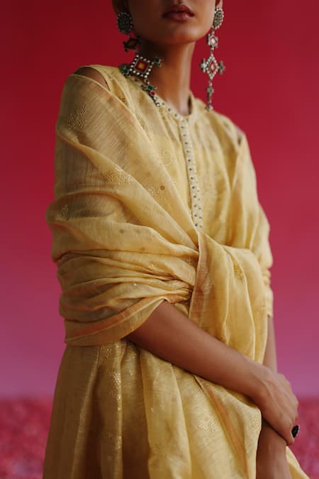 Shop_Taisha_Yellow Handloom Cotton Embroidery Sequin Floral Dupatta _Online_at_Aza_Fashions