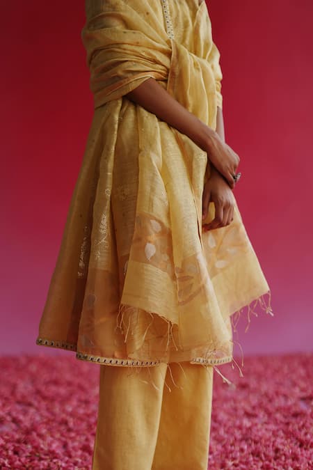 Taisha_Yellow Handloom Cotton Embroidery Sequin Floral Dupatta _at_Aza_Fashions