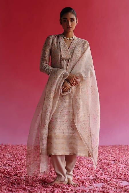 Taisha Linen Silk Rose Pattern Kurta 
