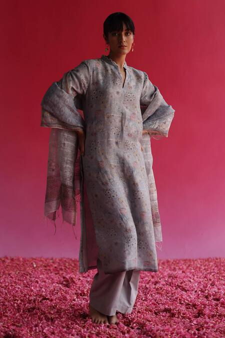 Taisha_Blue Linen, Silk Sequins Mandarin Collar Bagh Handloom Straight Kurta _at_Aza_Fashions