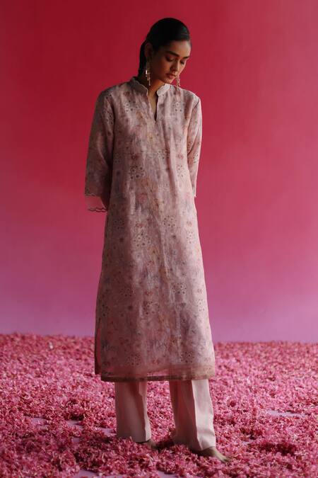 Buy_Taisha_Pink Linen, Silk Embroidery Mandarin Collar Bagh Kurta _Online_at_Aza_Fashions