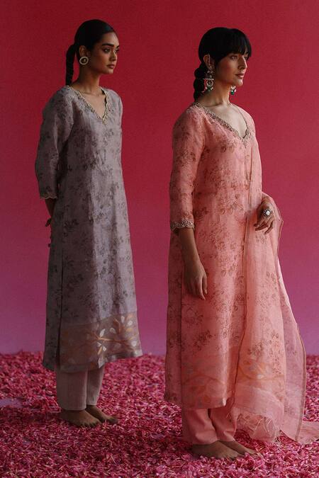 Taisha_Grey Linen, , Handloom Embroidery, Swaroop Floral Woven Kurta Set _at_Aza_Fashions