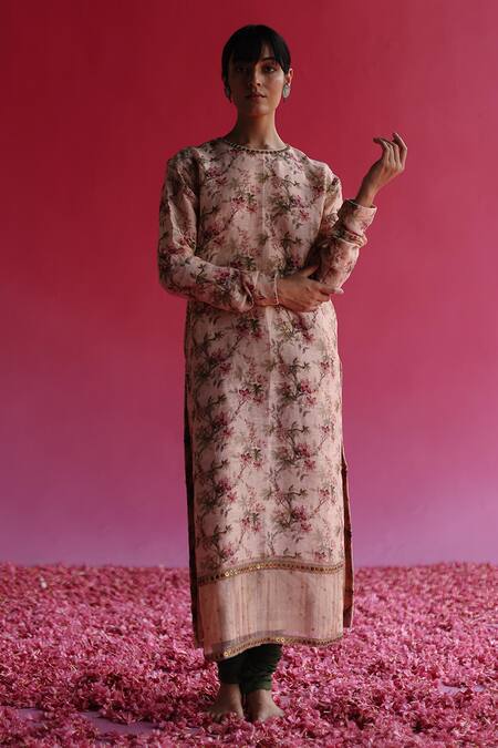 Taisha Pink Linen, , Handloom Embroidery, Aacho Floral Woven Kurta Set Online at Aza Fashions Taisha_Pink Linen, , Handloom Embroidery, Aacho Floral Woven Kurta Set _Online_at_Aza_Fashions