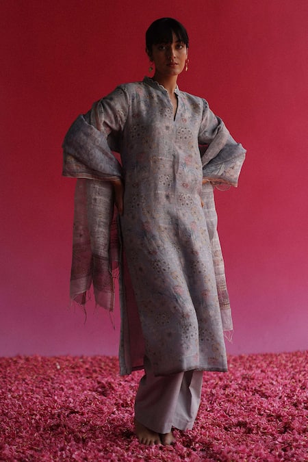 Taisha Blue Linen, Silk, , Handloom Embroidery Garden Woven Kurta Set