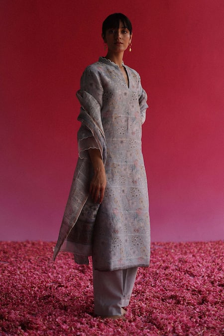 Taisha Blue Linen, Silk, , Handloom Embroidery Garden Woven Kurta Set at Aza Fashions Taisha_Blue Linen, Silk, , Handloom Embroidery Garden Woven Kurta Set _at_Aza_Fashions