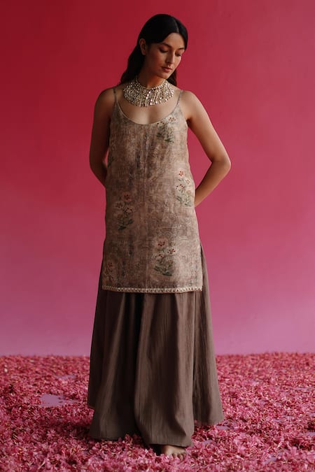 Taisha Grey Silk, Linen, , Handloom Nanda Floral Woven Kurta Gharara Set Online at Aza Fashions Taisha_Grey Silk, Linen, , Handloom Nanda Floral Woven Kurta Gharara Set _Online_at_Aza_Fashions