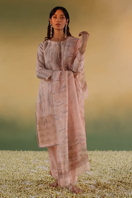 Taisha Pink Linen, , Handloom Tassels Sattva Geometric Woven Kurta Set