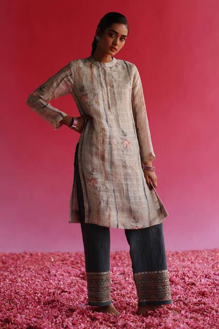 Buy_Taisha_Cream Linen, Silk, , Chanderi, Handloom Bhuman Kurta Pant Set _Online_at_Aza_Fashions