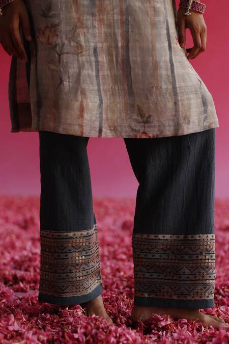 Taisha_Cream Linen, Silk, , Chanderi, Handloom Bhuman Kurta Pant Set _at_Aza_Fashions