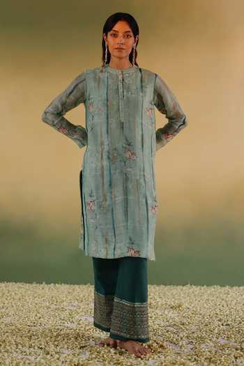 Taisha Green Linen, , Handloom Bhuman Stripe Woven Kurta Pant Set Online at Aza Fashions Taisha_Green Linen, , Handloom Bhuman Stripe Woven Kurta Pant Set _Online_at_Aza_Fashions