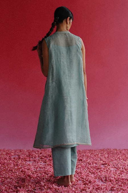 Shop Taisha Blue Linen, Silk, Cotton, Jacquard Pushti Handloom Jacket Kurta Pant Set at Aza Fashions Shop_Taisha_Blue Linen, Silk, Cotton, Jacquard Pushti Handloom Jacket Kurta Pant Set _at_Aza_Fashions