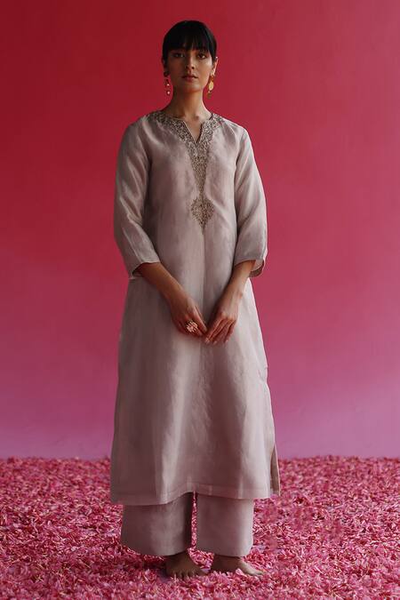 Buy Taisha Gray Tissue, Silk Zari, Beads Split Grey Embroidered Kurta And Flared Pant Set Online at Aza Fashions Buy_Taisha_Gray Tissue, Silk Zari, Beads Split Grey Embroidered Kurta And Flared Pant Set _Online_at_Aza_Fashions