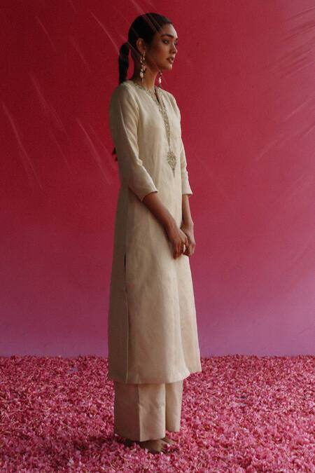 Taisha_Yellow Tissue, Silk Zari, Beads Split Kaljo Embroidered Kurta And Flared Pant Set _Online_at_Aza_Fashions