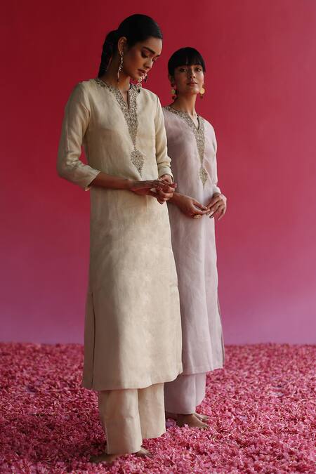 Taisha_Yellow Tissue, Silk Zari, Beads Split Kaljo Embroidered Kurta And Flared Pant Set _at_Aza_Fashions