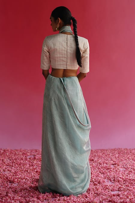 Shop_Taisha_Blue Silk, Satin, Kota Doria Sequins, Embroidery Sharad Saree With Woven Blouse _at_Aza_Fashions
