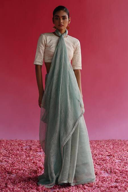 Taisha_Blue Silk, Satin, Kota Doria Sequins, Embroidery Sharad Saree With Woven Blouse _Online_at_Aza_Fashions