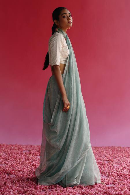 Buy_Taisha_Blue Silk, Satin, Kota Doria Sequins, Embroidery Sharad Saree With Woven Blouse _Online_at_Aza_Fashions