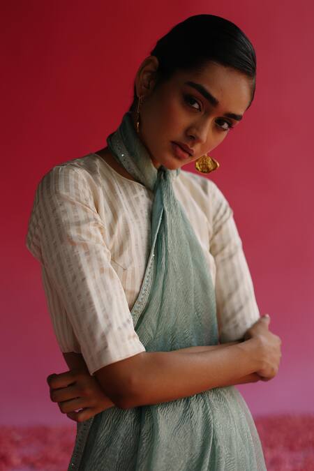 Shop_Taisha_Blue Silk, Satin, Kota Doria Sequins, Embroidery Sharad Saree With Woven Blouse _Online_at_Aza_Fashions